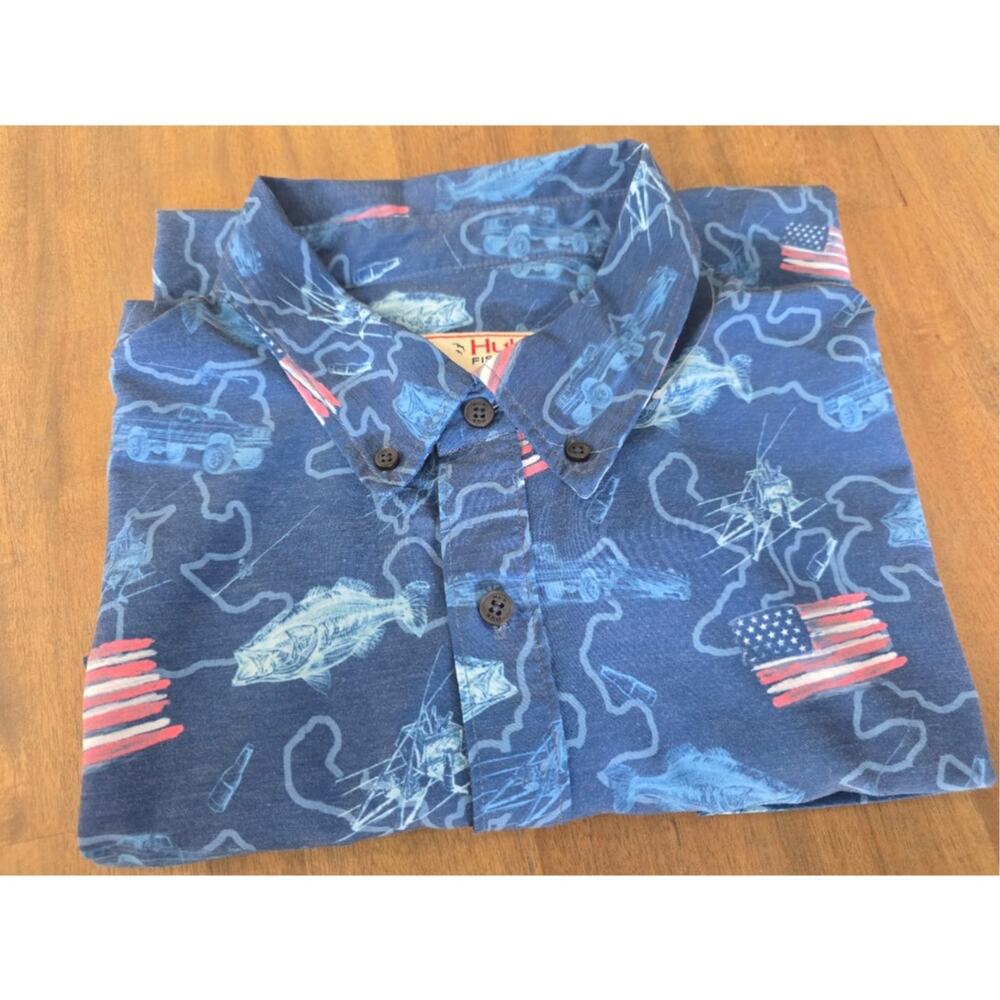 Huk Men's Shirts | Huk Kona “Fish And Flags” Button Down Shirt XL Patriotic